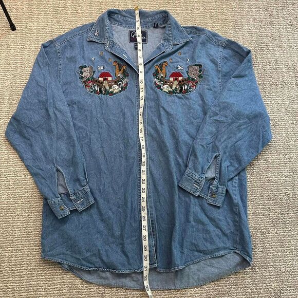 Vintage Embroidered Denim Button Up Shirt – Western Rodeo Noah’s Ark Top Cotton - Picture 6 of 8